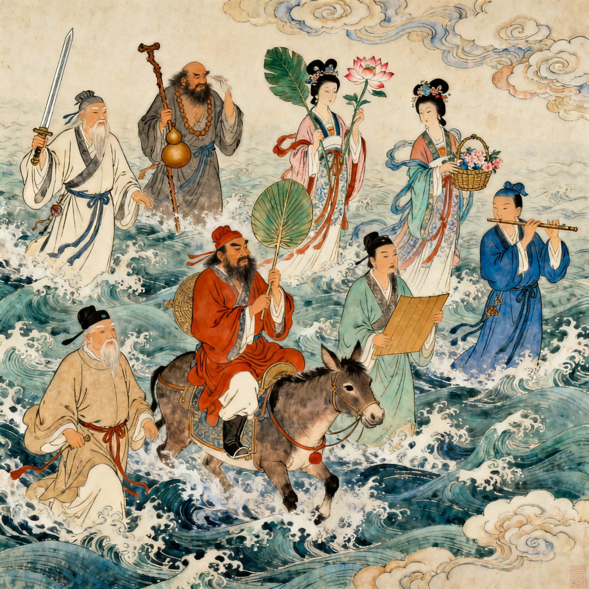 道教八仙过海图，八位神仙各持法宝渡海，工笔重彩风格