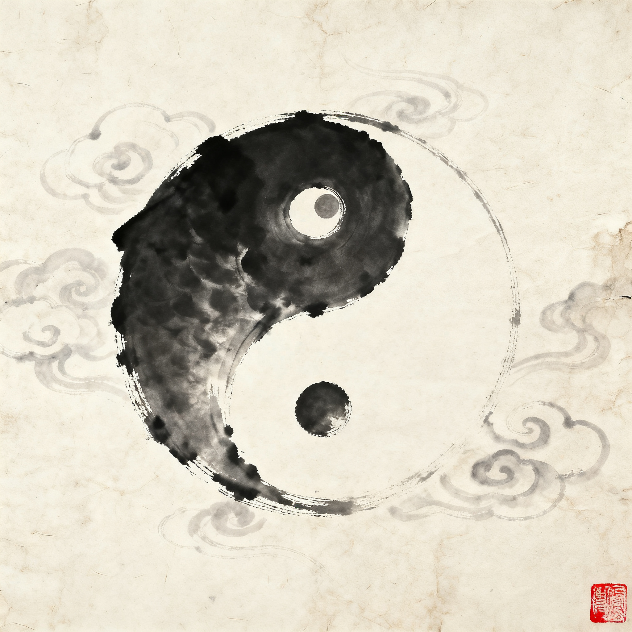 太极阴阳鱼图案，水墨画风格