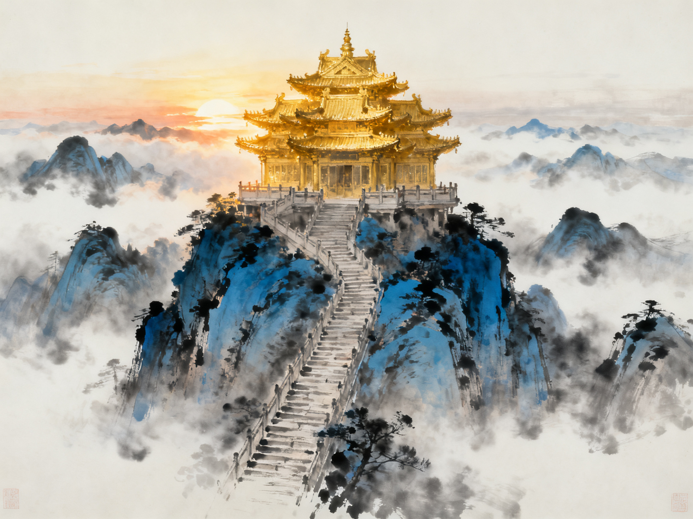 武当山金顶古建筑，山顶金色铜殿，云雾缭绕群山