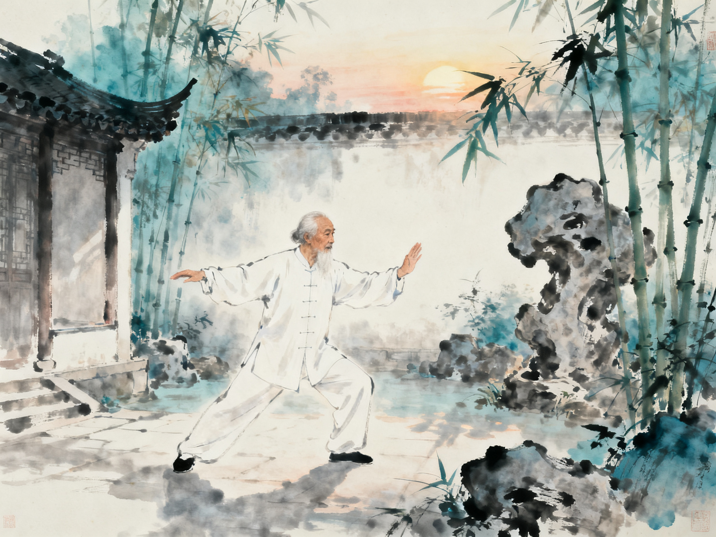 道教养生八段锦动作，长者在庭院练习，古色古香竹林假山
