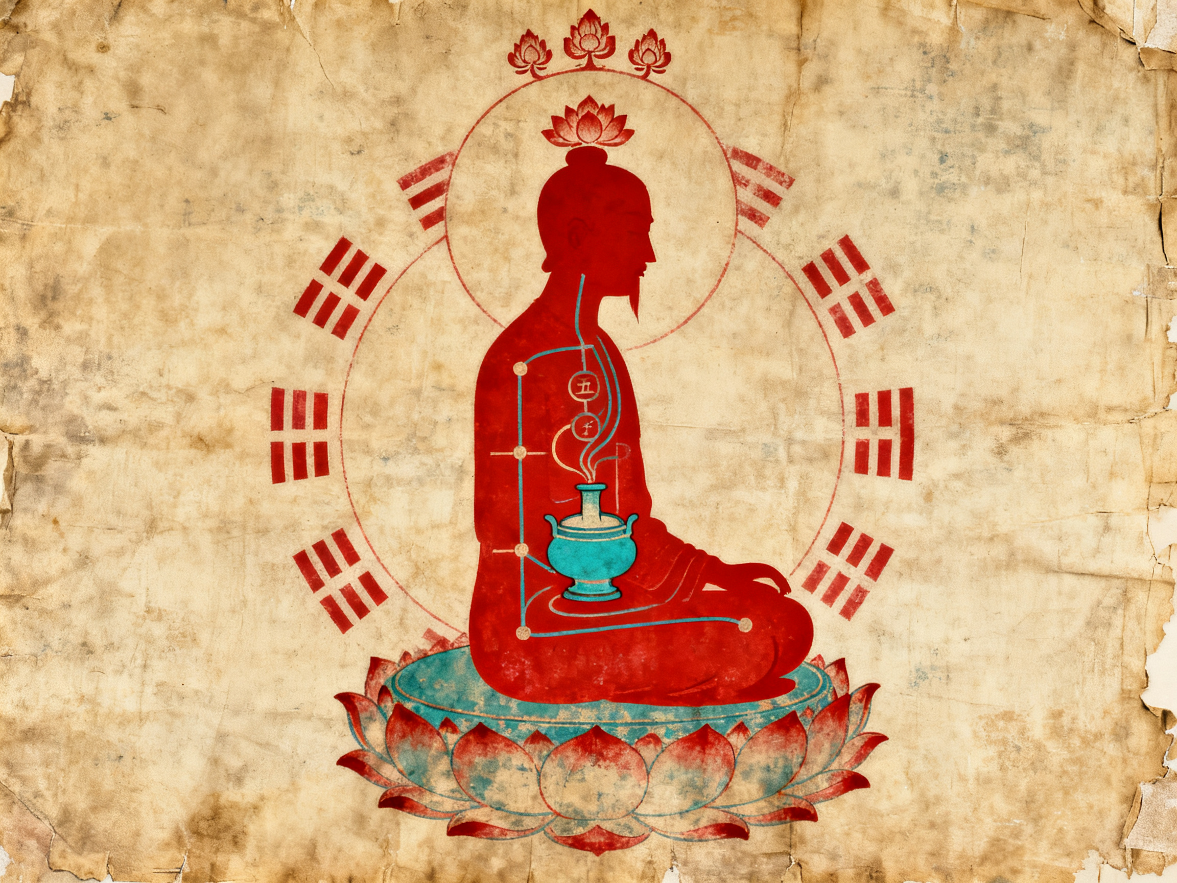 道教内丹修炼示意图，道士打坐，体内丹炉气脉三花聚顶八卦环绕