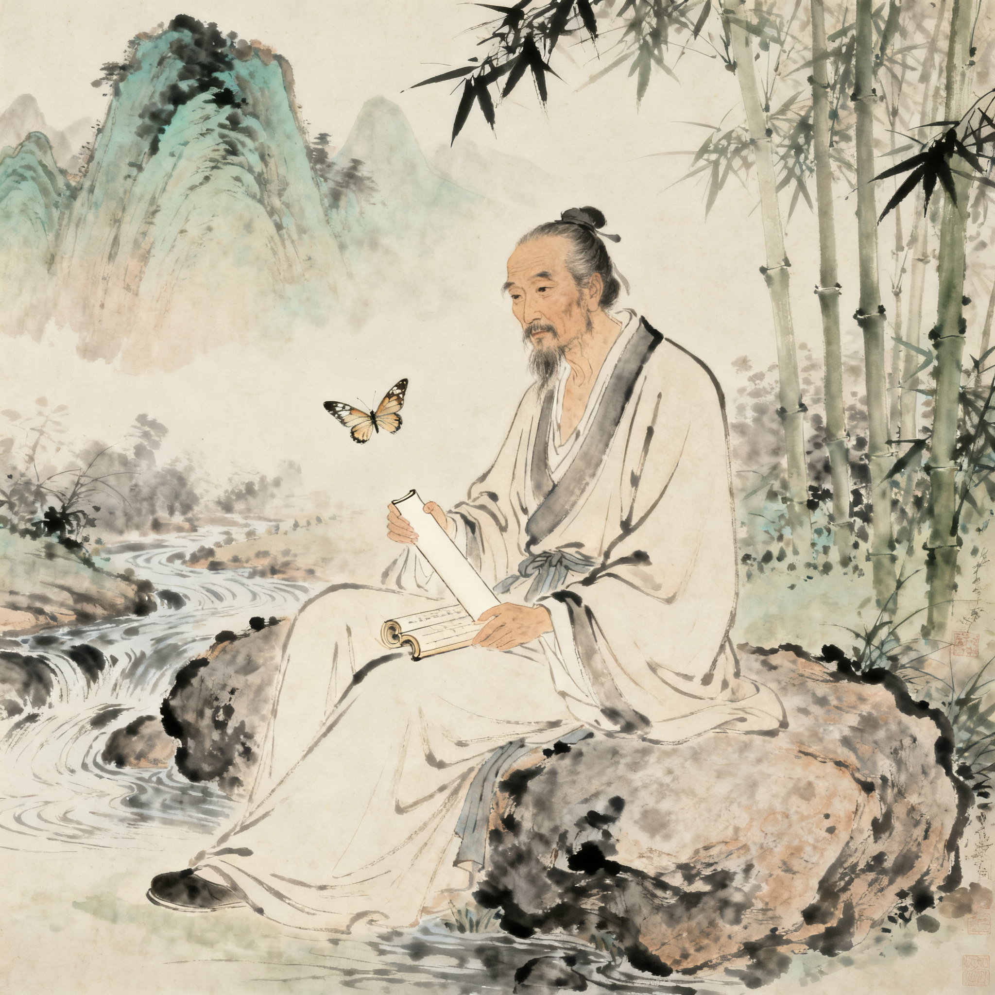 庄子画像，溪边蝴蝶旁