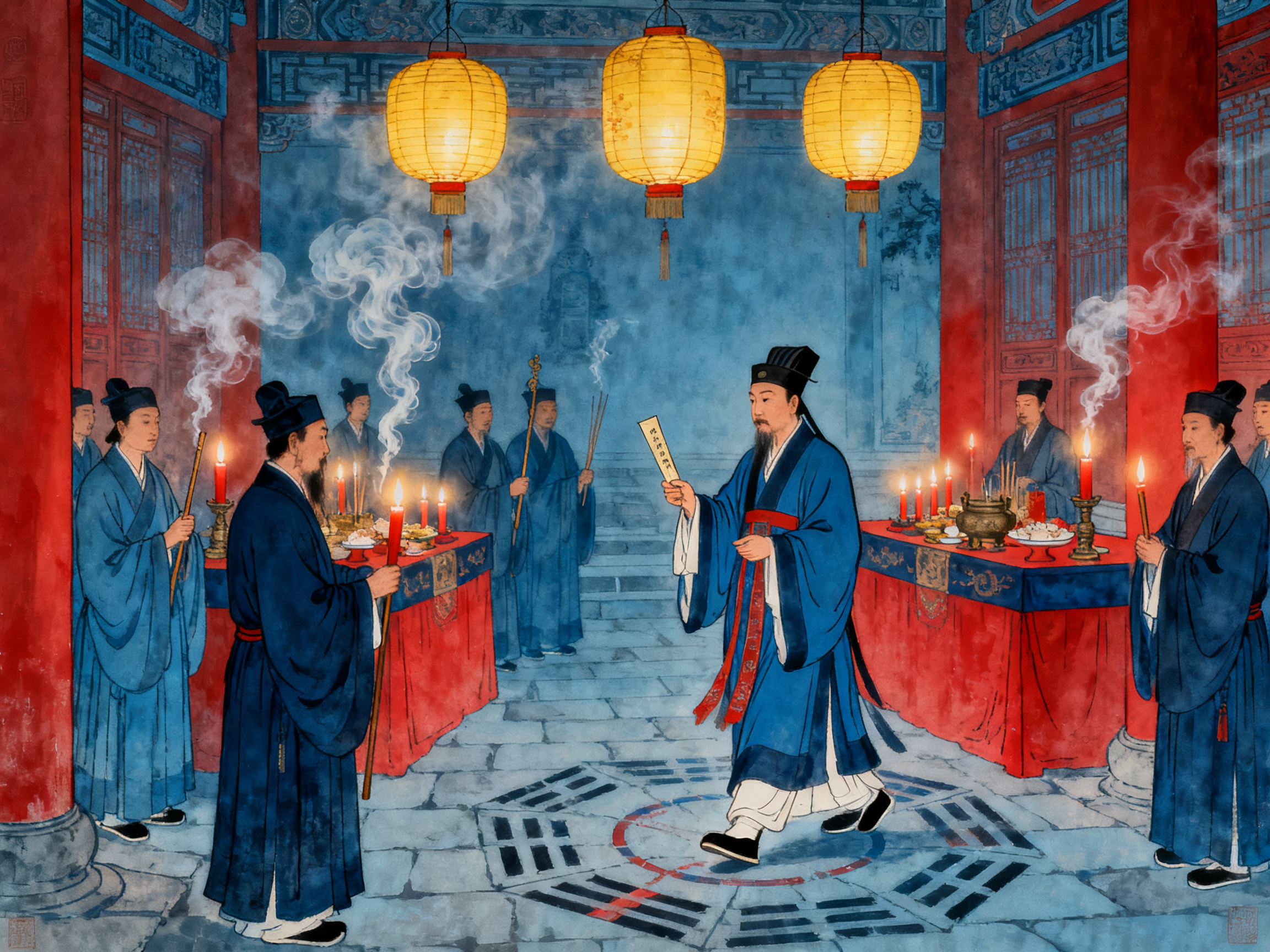 道教斋醮科仪场景，高功法师步罡踏斗，道士执法器