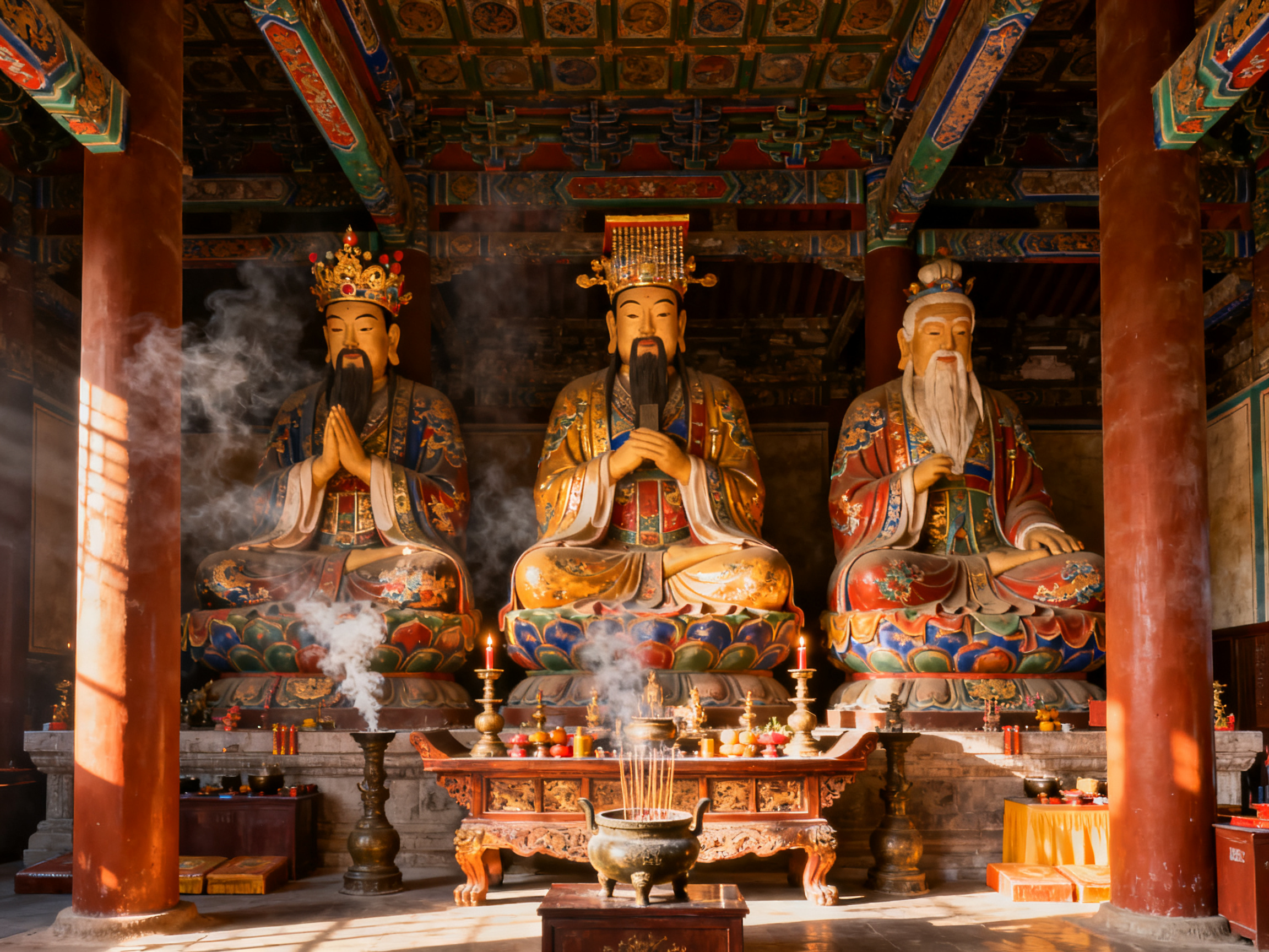 道教三清殿内景，三尊神像端坐中央，香烟缭绕